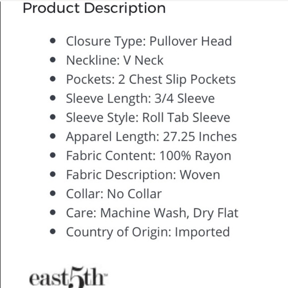 NWT East 5th Zip V-Neck 3/4 Sleeve Roll Tab Blouse - Picture 4 of 4